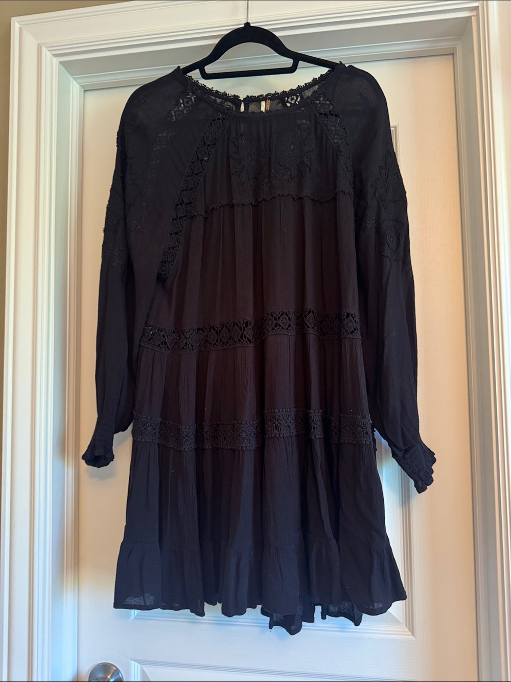 Free people my girlfriends dress  Black Boho Lace-Trim Long-Sleeve Dress